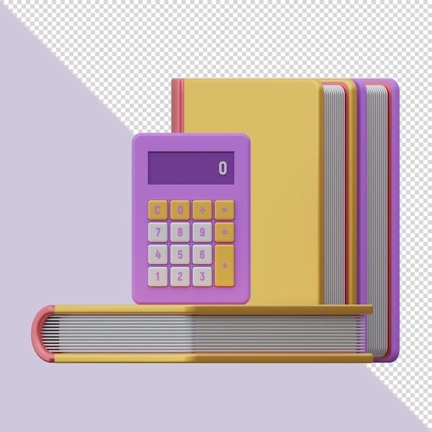 PSD 3d render purple and yellow calculator with a purple and yellow books