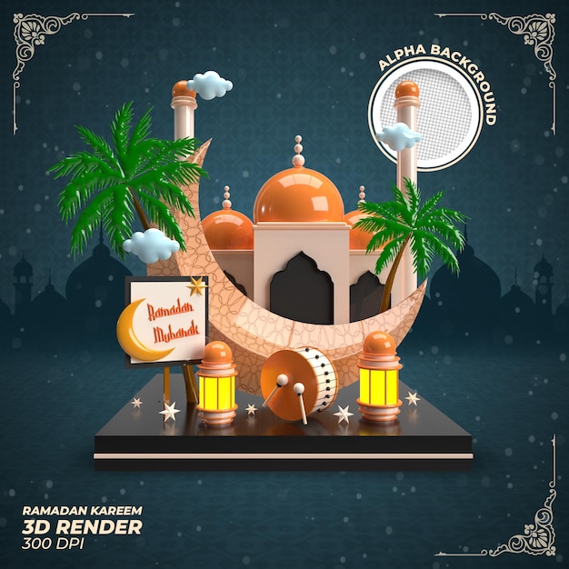 3D render Ramadan Kareem label post template