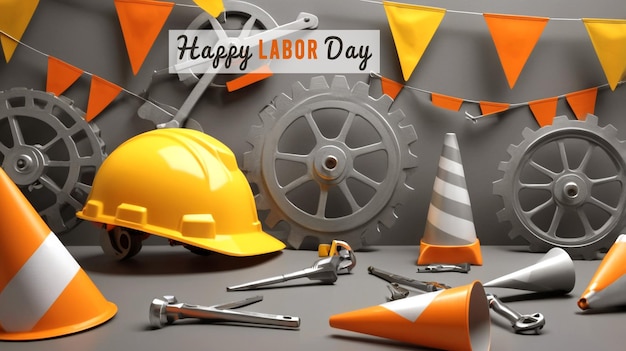 PSD 3d render realistic labor day banner poster psd image of construction hat and tools