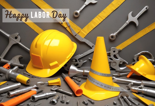 PSD 3d render realistic labor day banner poster psd image of construction hat and tools