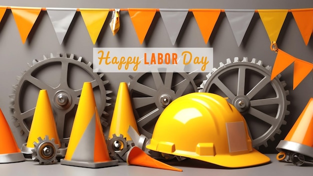 PSD 3d render realistic labor day banner poster psd image of construction hat and tools