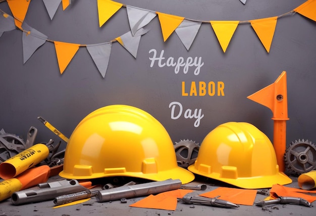 PSD 3d render realistic labor day banner poster psd image of construction hat and tools