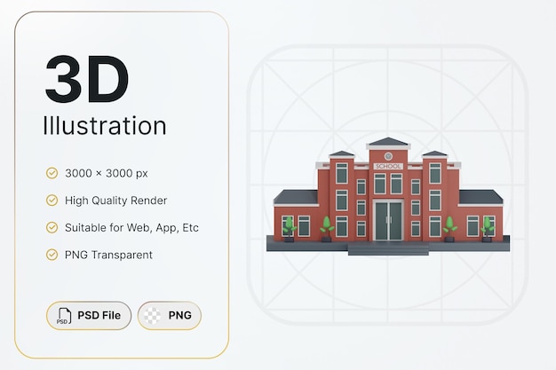 3D Render Red School Building Center View Concept Modern Design