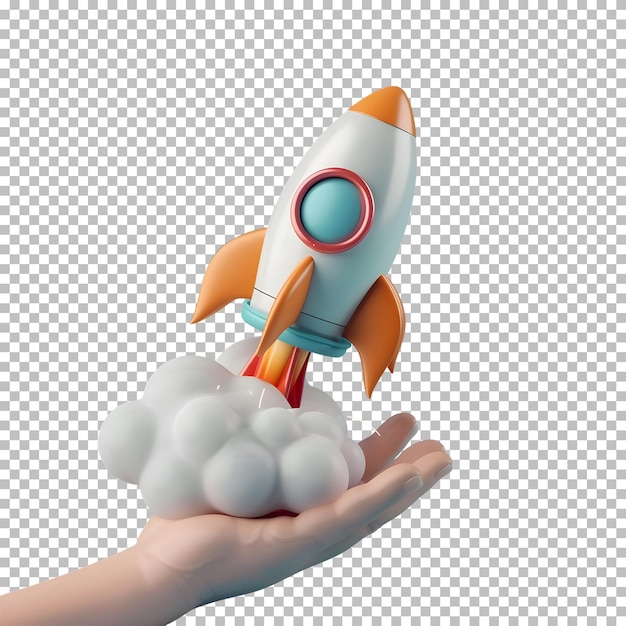 3d render rocket launches in clouds placed on hand isolated on transparent background