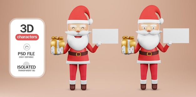 3d render. Santa Claus Christmas cartoon character peeking over a sign giving .