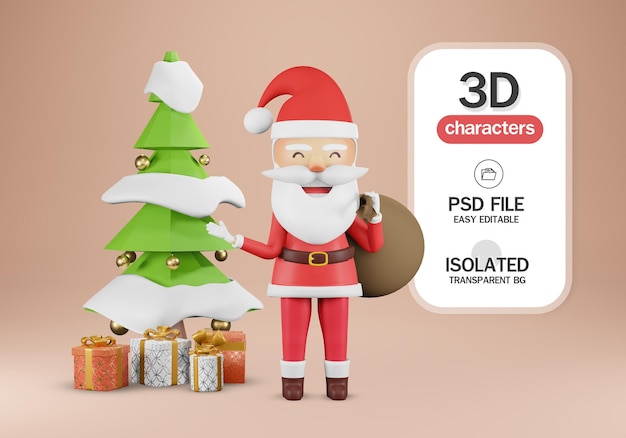 3d render .  Santa Claus with gift for Merry Christmas holiday celebration.