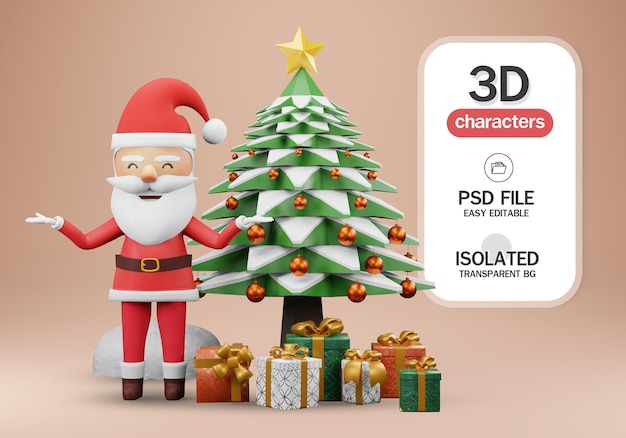 3d render. Santa Claus with gift for Merry Christmas holiday celebration.