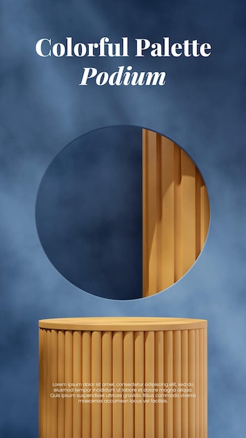 3d render scene template yellow pillar shaped podium in portrait shadow blue textured wall