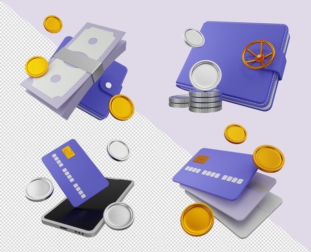 3d render set purple wallet gold coins credit cards mobile payment safe