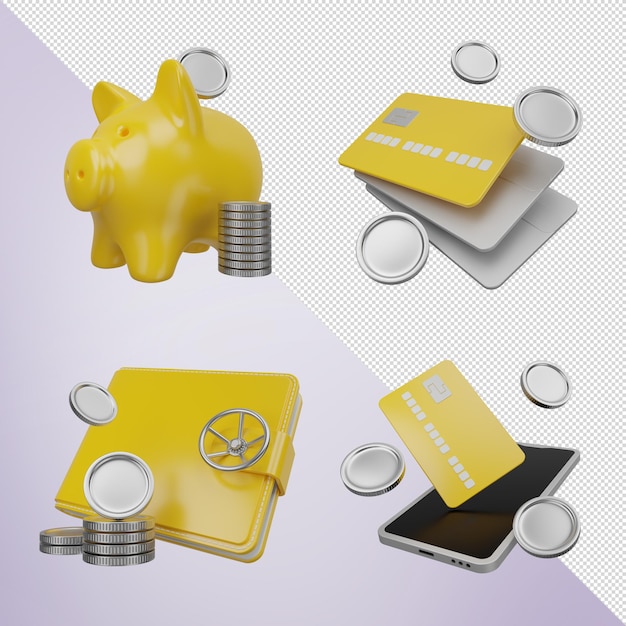 3d render set yellow piggy bank with silver coins credit cards wallet mobile payment