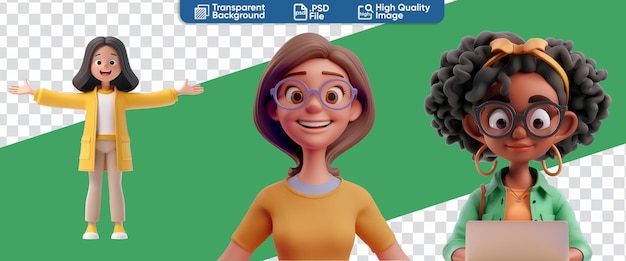 3D Render of a Simple Cartoon Character Full Body and Close Up Set of a Happy Woman