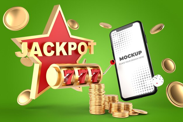 PSD 3d render of smartphone with jackpot 777 on casino slot machine game concept