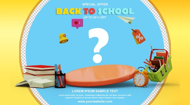 3d render special offer back to school whit podium, psd premium