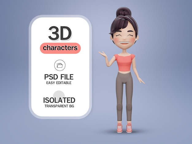 3D render of standing cute girl pointing hand at direction.  Cute cartoon smiling