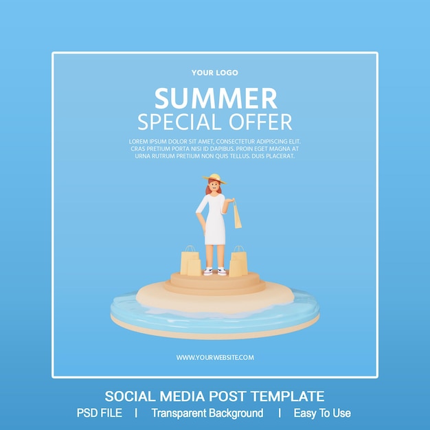 3d render of summer sale social media post template