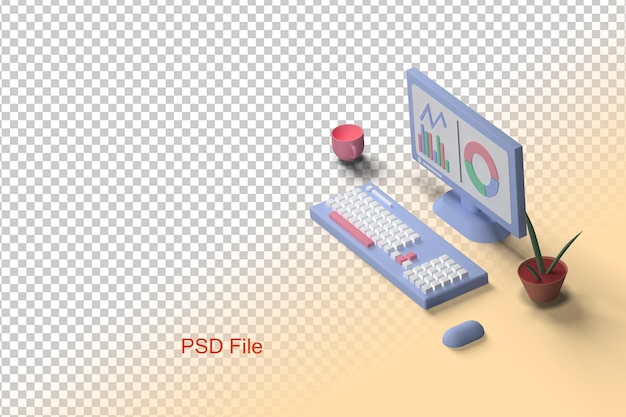 3d render tabletop computer with graphs and a cup of coffee and a plant