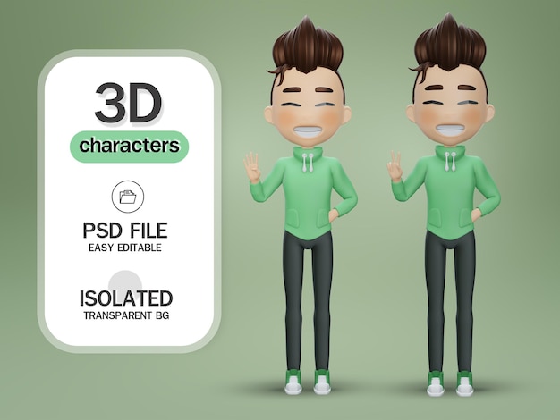 3d render Tall cute brunette boy in casual fashion clothes green hoodie and black pants