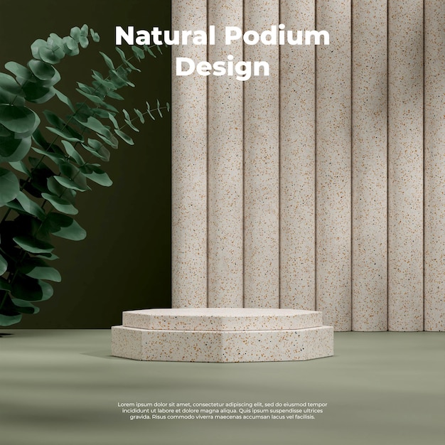 3d render template mock up of terrazzo podium in square with green plants in the background