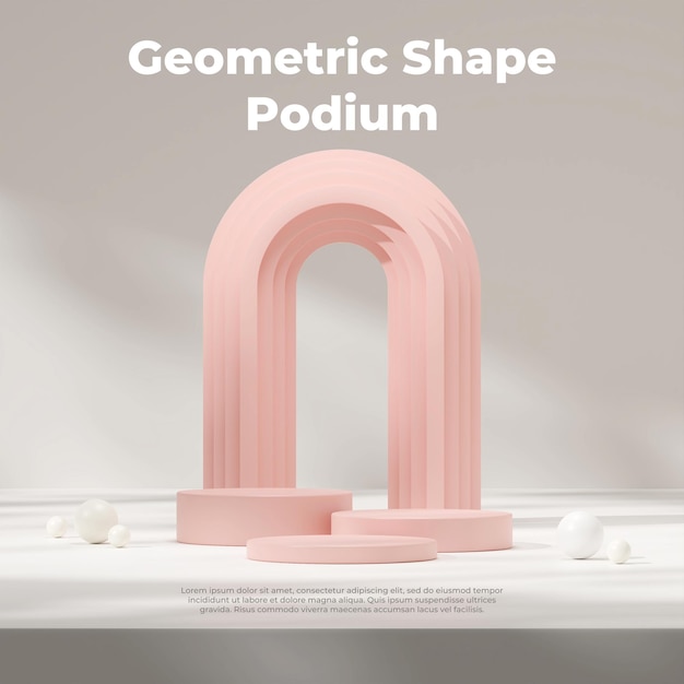 3d render template mockup of pink podium in square with arch backdrop and white sphere