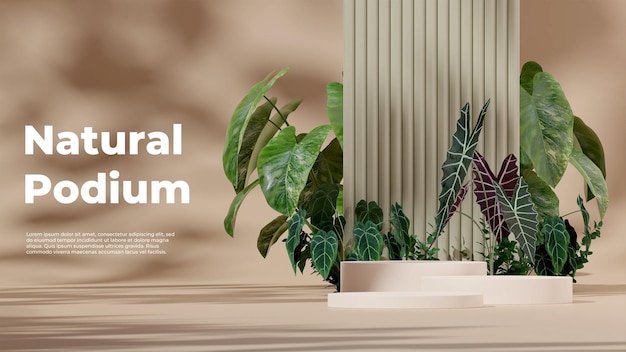 3D render template mockup white podium in landscape with alocasia and anthurium plants