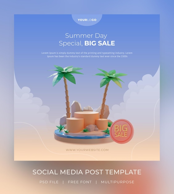 3d render, Template social media post, summer sale with podium