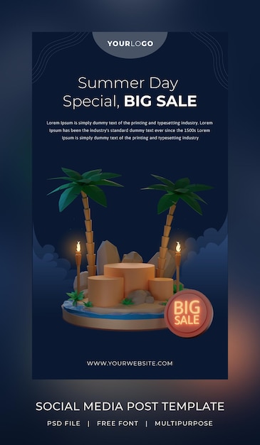 3d render template social media story sale with podium