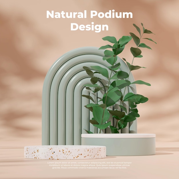 3D render template terrazzo and green podium in square with leaf plant and light brown background