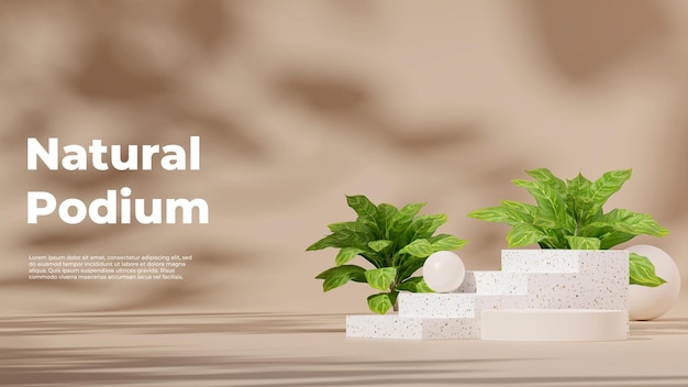 3D render template terrazzo podium in landscape with white sphere and chinese evergreen plant