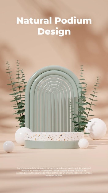 3D render template terrazzo podium in portrait with white sphere plants light brown background