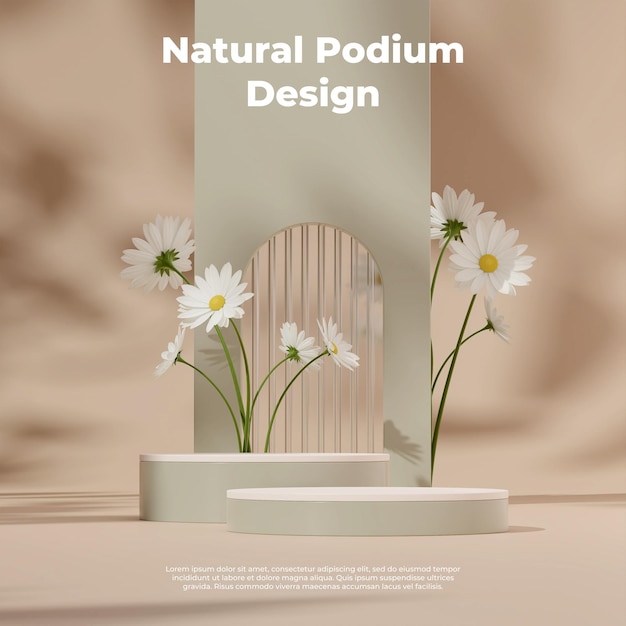 3D render template white podium in square with blurred glass white daisy and tan background