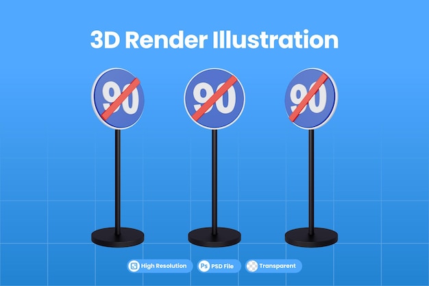 3d render traffic signs of end minimum speed limit 90 premium psd