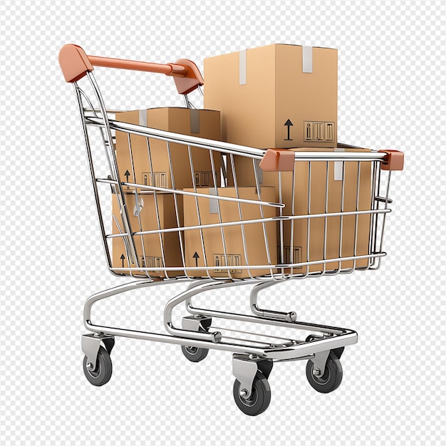 3d render trolley shopping cart on isolated transparent background