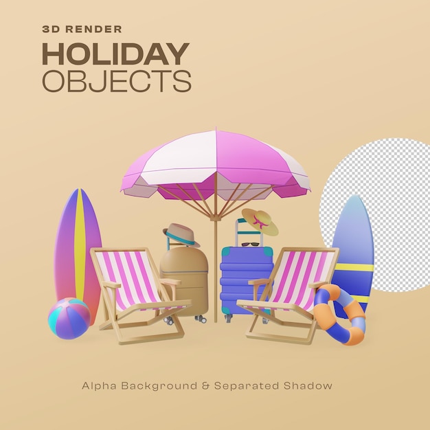 PSD 3d render of vacation scene with summer concept and alpha background