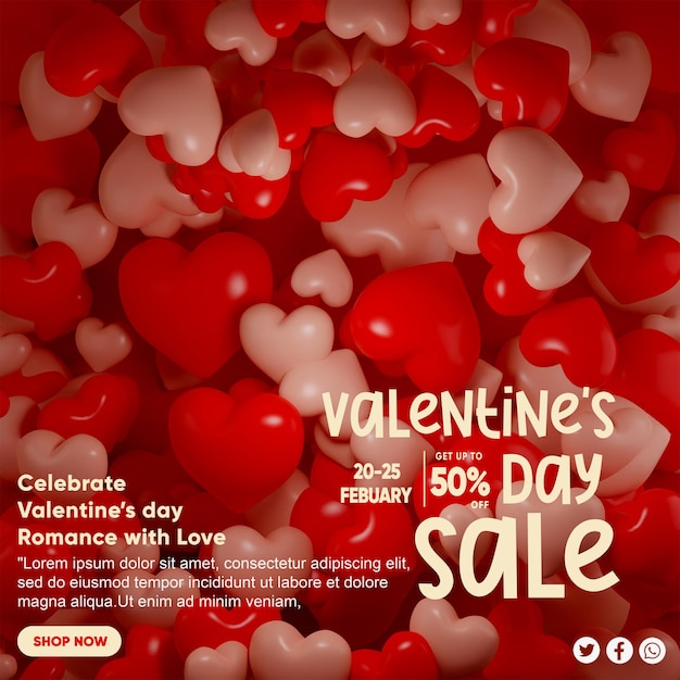 3d render valentine poster or banner with many lover heart pattern for product display valentine's