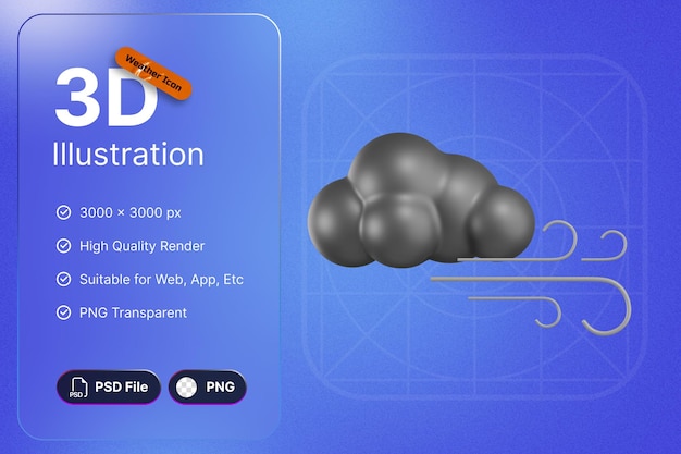 3D Render Weather Icons Cloudy With Wind For Forecast Design Application And Web