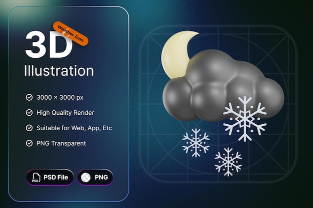 3D Render Weather Icons Moon Cloudy Snow Rain For Forecast Design Application And Web