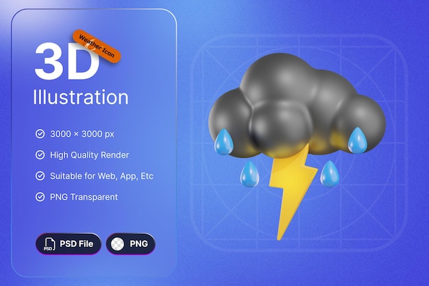 3D Render Weather Icons Rain Flash For Forecast Design Application And Web