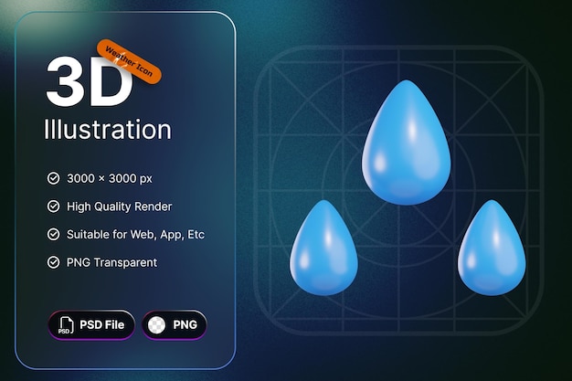 3D Render Weather Icons Water Rain For Forecast Design Application And Web