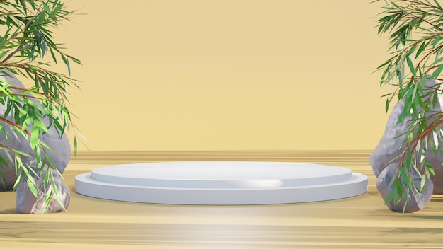 3D render white empty podium with rock on yellow background