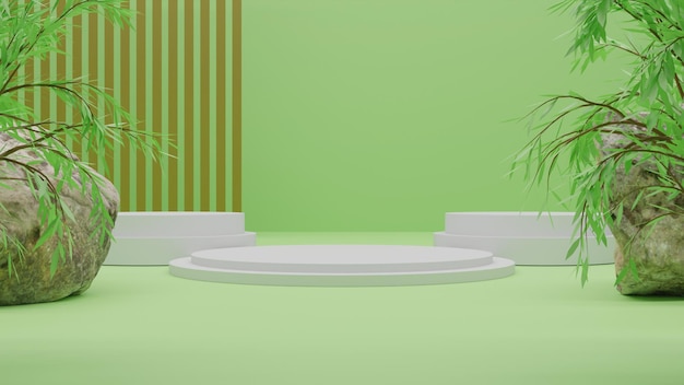 3D Render white podium on green background. Premium render