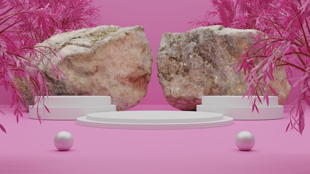 3D Render white podium on pink background. Premium render