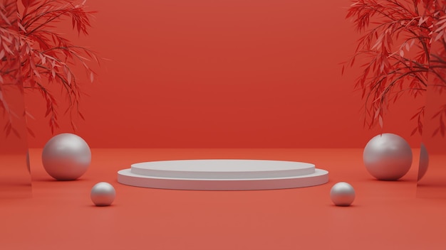 3d Render white podium on red background. Premium rendering