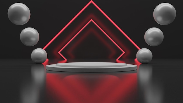 3D render white podium with red light on black background