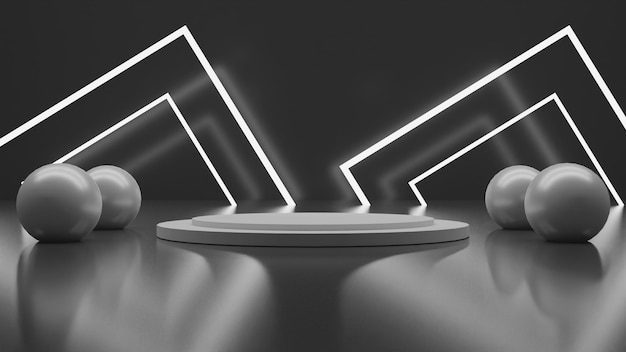 3D render white podium with white light on black background