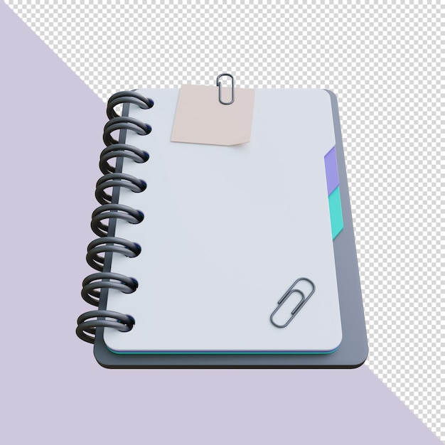 3d render white spiral bound notebook with a paper clip