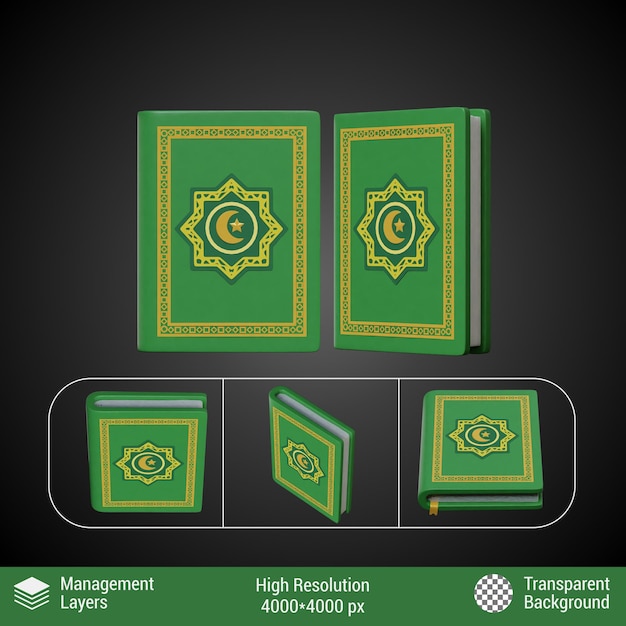 PSD 3d rendered cartoon style a closed book of al quran green color with gold ornaments various views