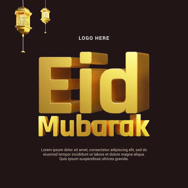 3d rendered Eid mubarak poster with goldend text on a black background