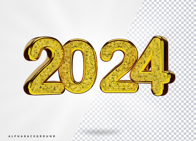 3d rendered Happy New Year 2024 Golden PNG and PSD transparent background high quality png