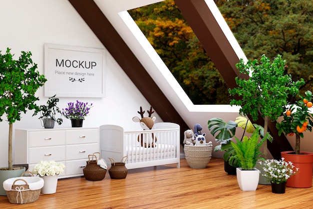 3d rendered illustration of a bright attic living room with mockup picture frame and indoor plants