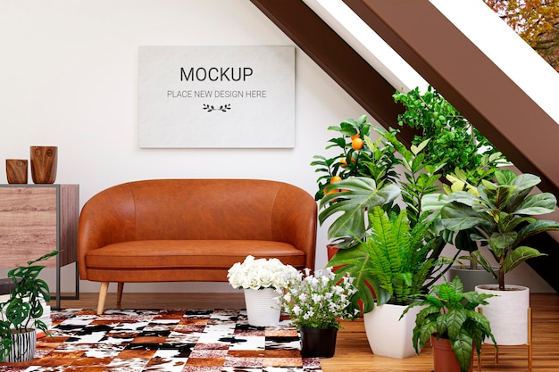 3d rendered illustration of a bright attic living room with mockup picture frame and indoor plants